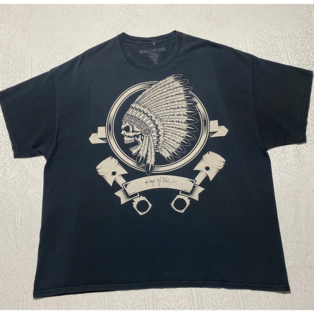 Ring of‎ Fire Mens 3X Black Graphic Native American Skull Piston Biker T-Shirt